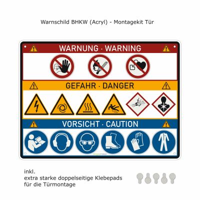 Warnschild BHKW zur flexiblen Montage an Tür, Zaun oder Wand | Montagekit Tür - inkl. extra starke doppelseitige Klebepads für die Türmontage