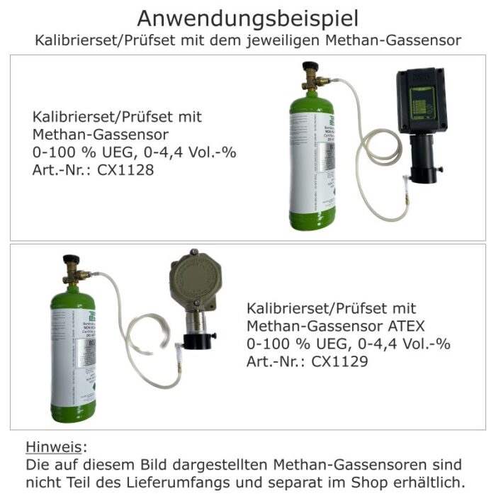 Anwendungsbeispiel Kalibrierset/Prüfset für Methan-Gassensor (inkl. CH₄ Gasflasche) mit dem jeweiligen Sensor.