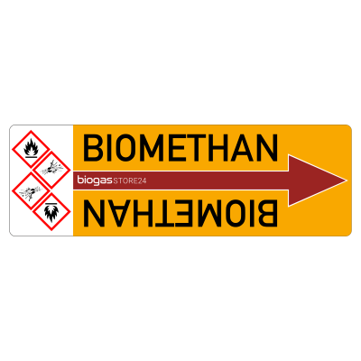 Aufkleber Rohrleitung Biomethan CH4 gemäß § 29a BImSchG und DIN 2403 / TRAS 120 [Rohrleitungskennzeichnung / Anlagenkennzeichnung / Biogasanlagenkennzeichnung]